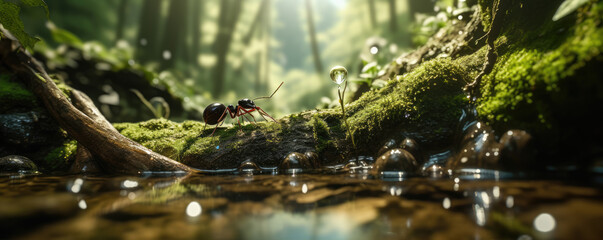 Ant in green nature near water or forest brook. Ants drinking detail, copy space for text. - obrazy, fototapety, plakaty