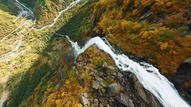 FPV Drone dive down a waterfall in Norway