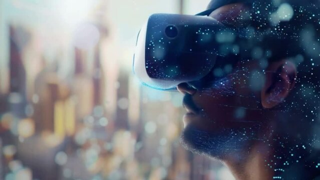A man wearing a virtual reality headset is looking at a blurry image of a city 4K motion
