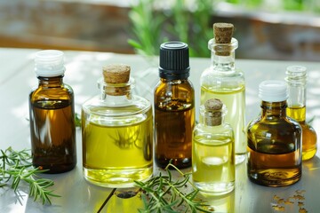 a selection of carrier oils and essential oil bottles
