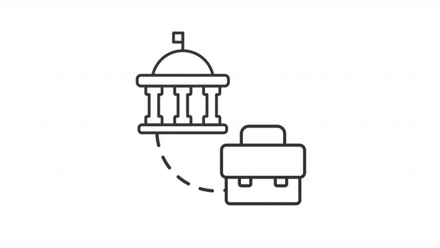 G2B commerce line animation. Government to business animated icon. Rotating flag, circling dotted line. Black illustration on white background. HD video with alpha channel. Motion graphic