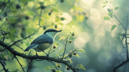 A serene image of a nuthatch bird sitting calmly on a small branch with unripe berries, bathed in the soft glow of morning light