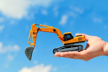 hand holding an excavator toy against a blue sky backdrop