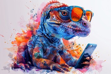 A captivating, hyperrealistic watercolor of a dinosaur donning glasses and browsing on a cell phone, vibrant hues shimmering , 3D illustration