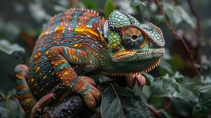 Obraz premium Vibrant chameleon on a branch with lush green foliage in the background, showcasing its colorful scales and intricate patterns.