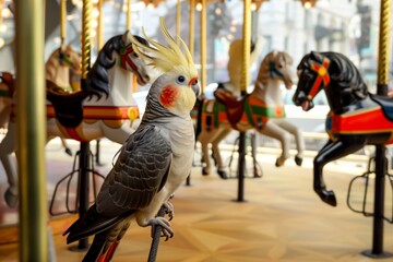 cockatiel on a leash with carousel horses in view - obrazy, fototapety, plakaty