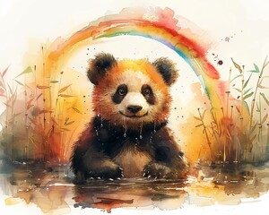 A content panda showering in chocolate lava, with a watercolor rainbow arching gracefully over a peaceful bamboo forest , vibrant color