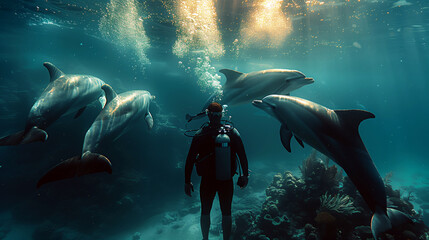 Dolphins Guiding Diver Through Magical Underwater Scene
