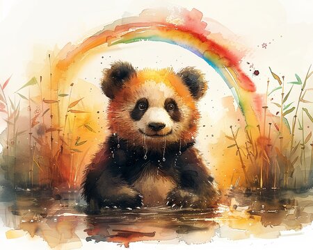 A content panda showering in chocolate lava, with a watercolor rainbow arching gracefully over a peaceful bamboo forest , vibrant color
