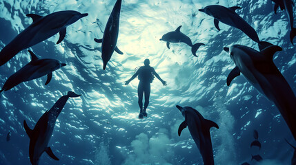 Playful dolphins circling a diver, creating a sense of wonder under the sea.