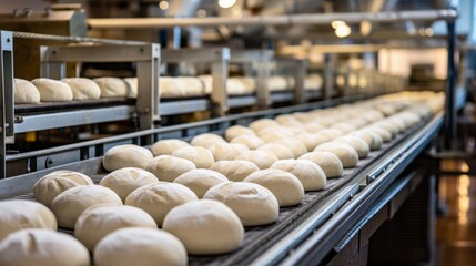 Automated bakery production bread loaves on conveyor belt in a manufacturing facility - obrazy, fototapety, plakaty