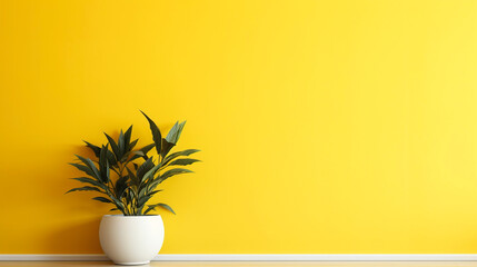 plant in the pot. A houseplant in a pot stands on the floor against a yellow wall. banner with copy...
