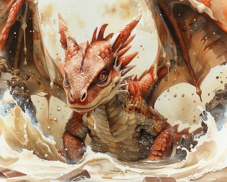 A dragon, frolicking in a creamy chocolate bath, with watercolor painted chocolate drops gently falling from above , Watercolor