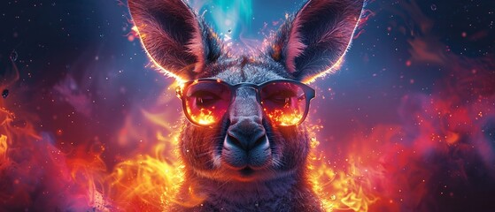 A kangaroo, eyes behind fiery glasses, spews a blaze, set against a watercolor aurora in the outback , vibrant color - obrazy, fototapety, plakaty