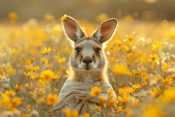  A kangaroo wearing a doctors gown, offering a comforting smile, set against a backdrop of a blooming meadow , vibrant color © PTC_KICKCAT
