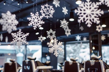 snowflakes hanging from ceiling above barber chairs - obrazy, fototapety, plakaty