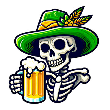 A skeleton donning a green hat and holding a mug of beer, Vector illustration clipart, isolated on a Transparent background