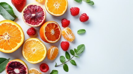 Fresh citrus fruits and berries on white background with copy space