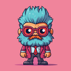 A person with a blue pompadour hairstyle stands amidst abstract shapes and clouds, face a pixelated mystery.