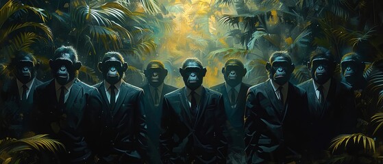 A watercolor depiction of a parliament of monkeys in suits, brainstorming amidst the lush canopy of a tropical rainforest , 3D style - obrazy, fototapety, plakaty