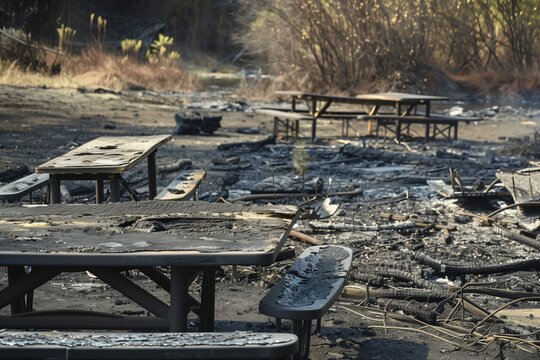charred remains of a picnic area with table and benches