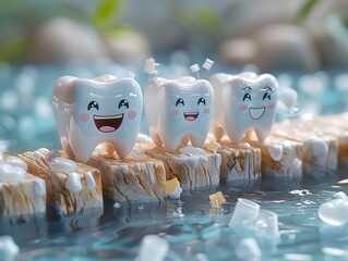 A whimsical watercolor of a tongue depressor and dental floss, imagined as characters on an adventurous journey across a toothbrush bridge , 3D illustration - obrazy, fototapety, plakaty