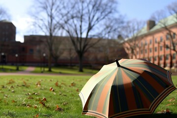 striped umbrella on a grassy university quad, with no students