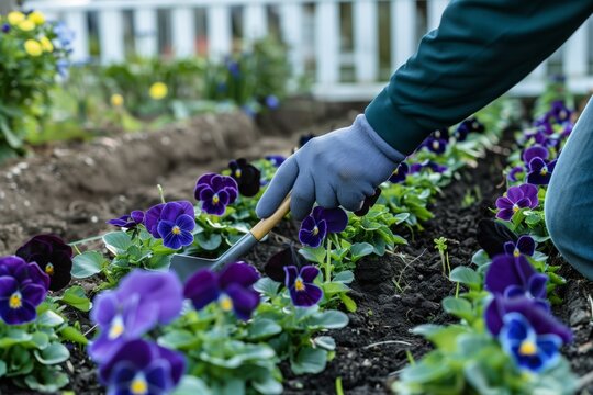 gardener using a trowel to plant pansies in a row