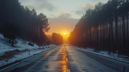 Poster Misty winter sunrise on a forest road © Volodymyr Skurtul