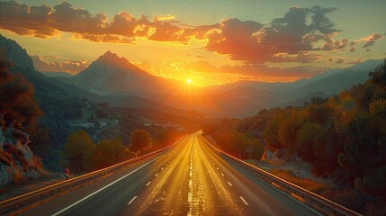 Sunset over a hilly highway road