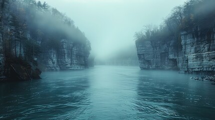 Tranquil river flowing through misty canyons
