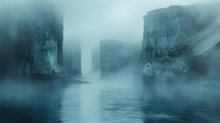 Misty gorge cutting through ice-covered cliffs