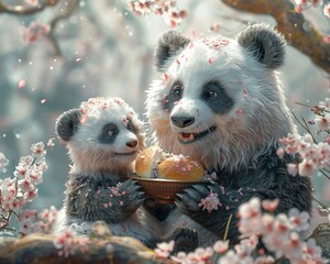 An adorable panda sharing stuffed steamed buns with its cub, painted in soft watercolor shades...