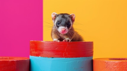Curious ferret peeking out from colorful painted tubes with vibrant background