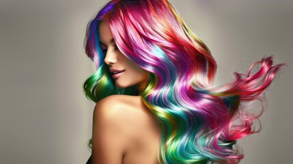 Colorful hair waves on a grey backdrop - obrazy, fototapety, plakaty