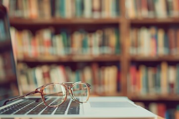 glasses atop a laptop keyboard, outoffocus bookshelf