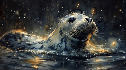 An enchanted seal, relishing a warm chocolate bath under the glow of a watercolor northern star , Watercolor