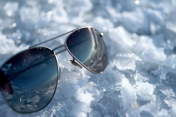 closeup of sunglasses reflecting the icy expanse
