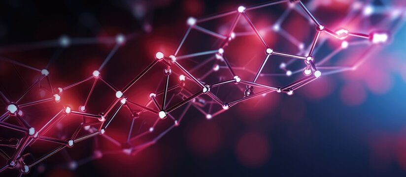 The image shows a detailed close-up of a red and blue hexagonal molecular geometry, representing a virtual chemical structure for a science background. The vibrant colors and intricate patterns