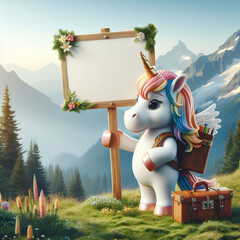 Small cute unicorn holding a blank sign against a beautiful summer mountains backdrop, realistic 3d style