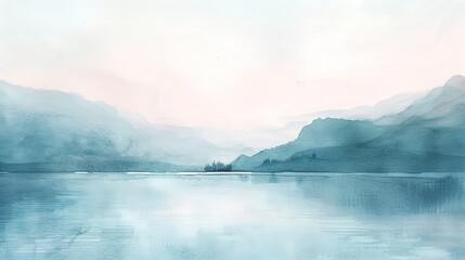 Soft washes of watercolor blending seamlessly on the paper, creating a serene landscape of pastel...