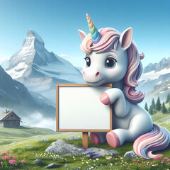 Small cute unicorn holding a blank sign against a beautiful summer mountains backdrop, realistic 3d style