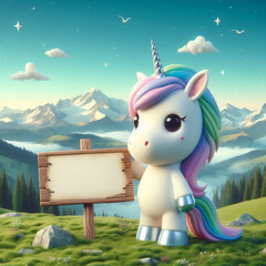 Small cute unicorn holding a blank sign against a beautiful summer mountains backdrop, realistic 3d style