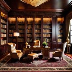 A luxurious office, Books in room, Luxurious library, Luxurious furniture