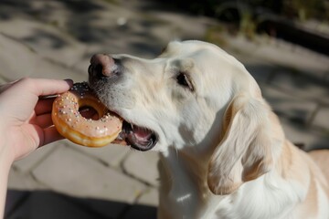 hand feeding a donut to a dog, pet treat