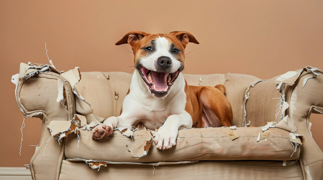 A cheerful Staffordshire Bull Terrier sitting proudly among the remnants of a destroyed beige sofa