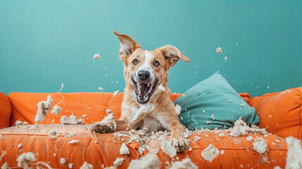A mischievous dog is seen after tearing apart an orange sofa, creating a big mess in the living room - Powered by Adobe