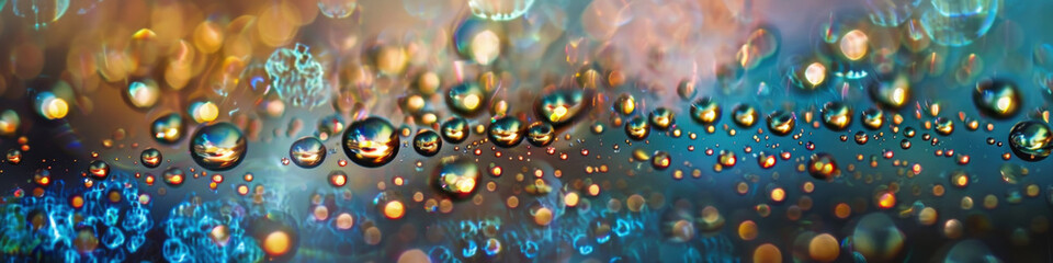 Multiple water droplets have formed on a window surface, creating a cluster of small, glistening spheres - obrazy, fototapety, plakaty