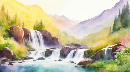 Mountain river with small waterfalls against the backdrop of mountains in bright sunny weather - obrazy, fototapety, plakaty