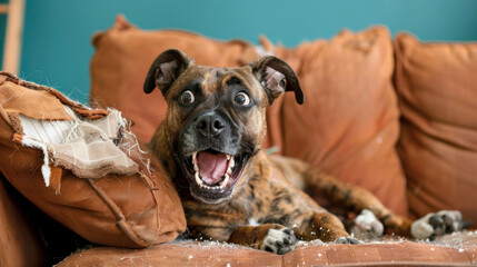 Close-up of a brindle dog with a surprised expression sitting on a damaged brown sofa looking at the camera
